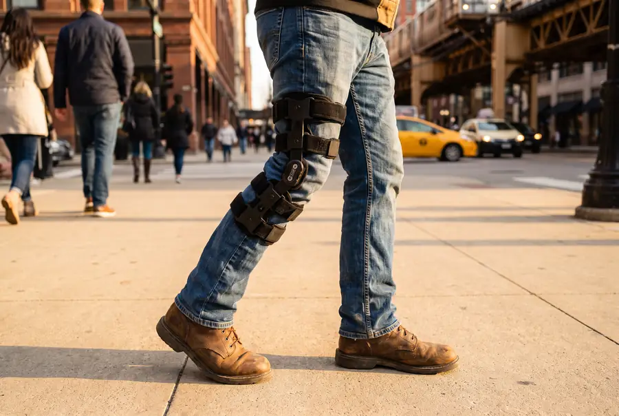 Worker wearing a knee brace walking on a Chicago sidewalk while recovering from a work injury