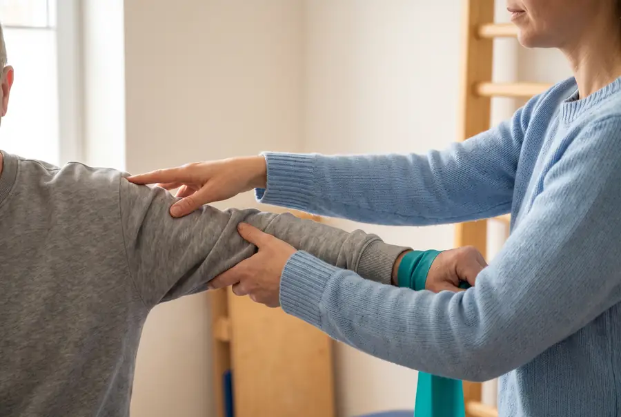 Physical therapist guiding a patient through a shoulder exercise after a work injury