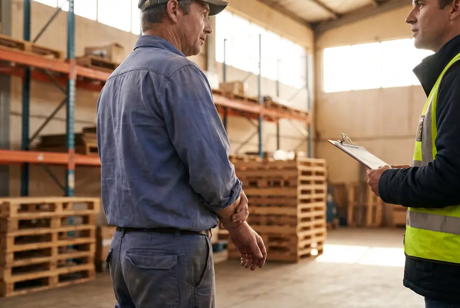 Warehouse worker holding his wrist while reporting a work injury to his supervisor